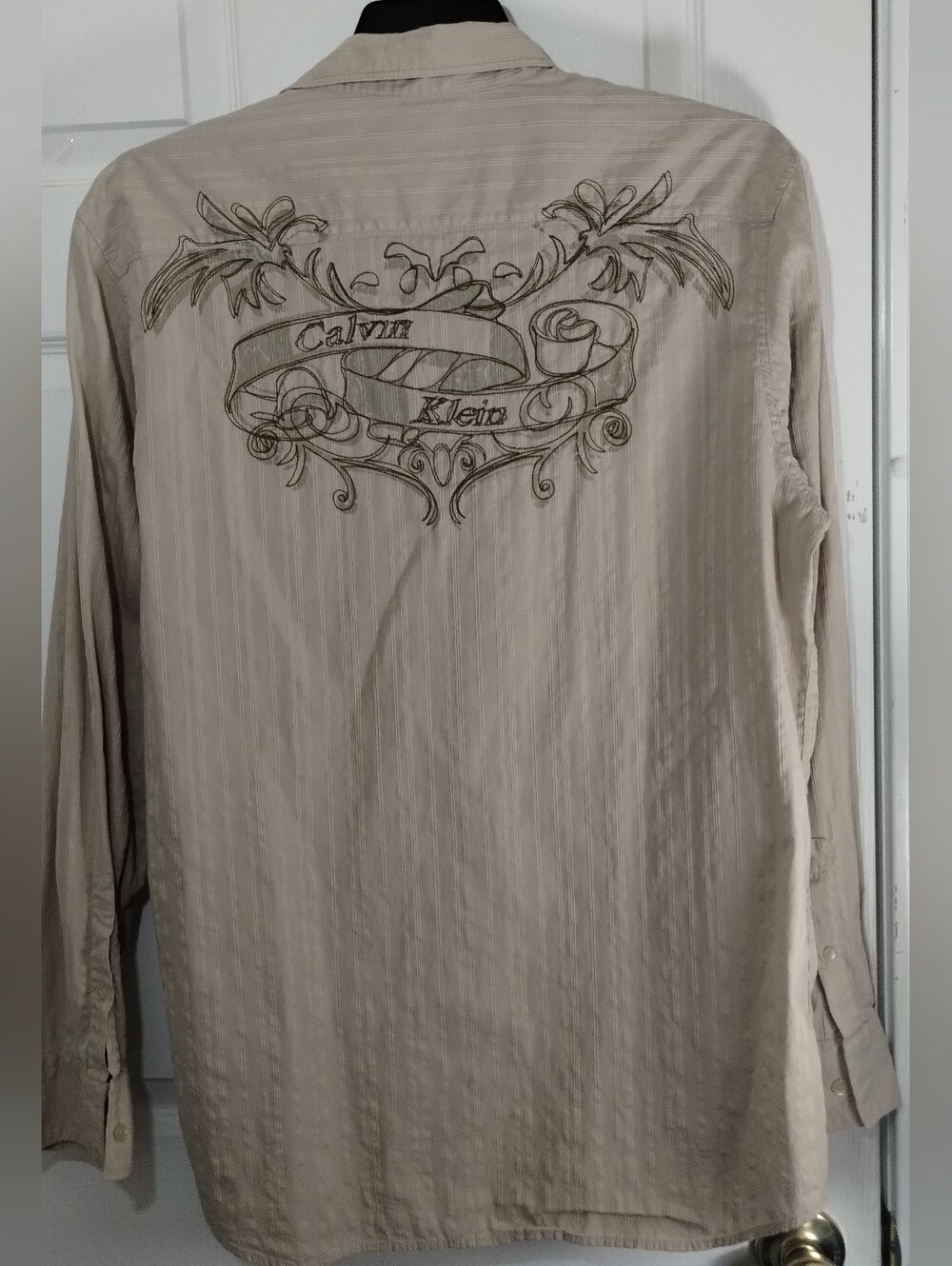 Vintage Men's Calvin Klein Beige Long-Sleeve Button-Up Shirt W/Logo On Back
